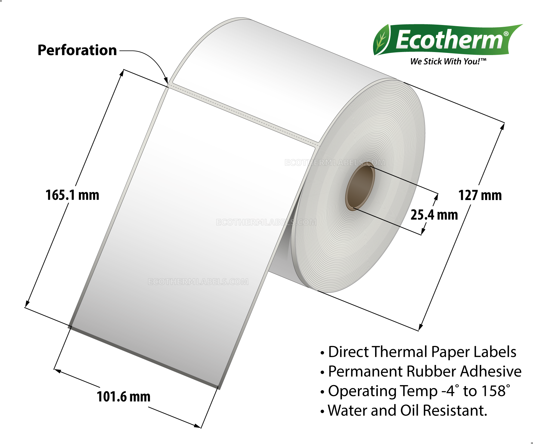 4 x 6.5 Direct Thermal White Labels With Rubber Adhesive - Perforated - 380 Labels Per Roll - Carton Of 6 Rolls - 2280 Labels Total - MPN: ECOTHERM15156-6