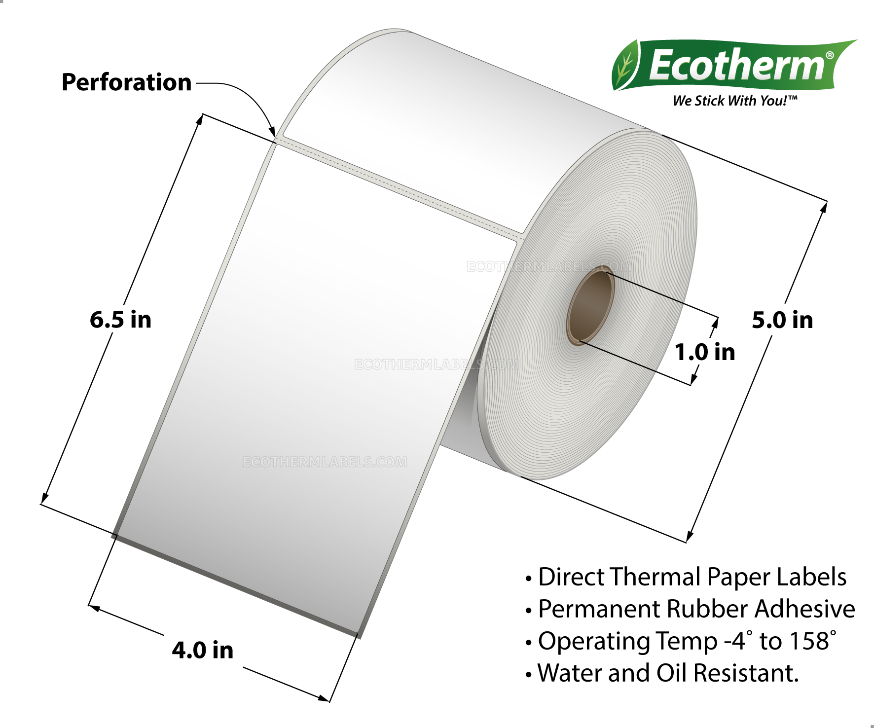 4 x 6.5 Direct Thermal White Labels With Rubber Adhesive - Perforated - 380 Labels Per Roll - Carton Of 6 Rolls - 2280 Labels Total - MPN: ECOTHERM15156-6